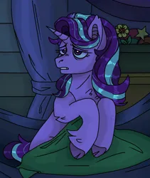 Size: 1600x1900 | Tagged: safe, artist:cluterdrop, derpibooru import, starlight glimmer, pony, unicorn, bags under eyes, bed mane, blanket, cloven hooves, female, g4, hammock, horn, image, jpeg, lidded eyes, mare, messy mane, sitting up, solo, trixie's wagon, wagon
