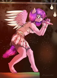 Size: 1086x1480 | Tagged: safe, artist:cozziesart, derpibooru import, anthro, pegasus, pony, unguligrade anthro, g5, clothes, commission, female, finger hooves, image, jpeg, mare, microphone, midriff, open mouth, ruby jubilee, signature, singing, skirt, solo, spread wings, tail, wings, wristband