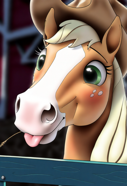 Size: 832x1216 | Tagged: safe, ai content, anonymous prompter, derpibooru import, machine learning generated, applejack, earth pony, horse, pony, blushing, bonnet (coat marking), bust, coat markings, cute, facial markings, female, g4, generator needed, hoers, image, indoors, mare, png, portrait, smiling, solo, stable, straw in mouth, tongue out