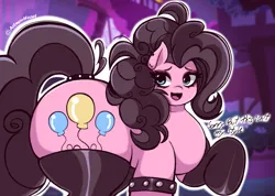 Size: 2341x1667 | Tagged: safe, artist:artmorheart, derpibooru import, pinkie pie, earth pony, pony, alternate hairstyle, big breasts, breasts, clothes, g4, goth, gothic, image, png, smiling, talking, wide hips