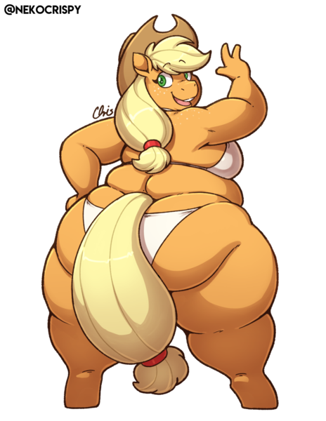 Size: 893x1155 | Tagged: suggestive, artist:nekocrispy, derpibooru import, applejack, anthro, earth pony, unguligrade anthro, applebucking thighs, applebutt, applefat, bbw, bikini, butt, clothes, fat, female, hand on hip, image, large butt, obese, png, simple background, solo, solo female, ssbbw, swimsuit, thighs, thunder thighs, transparent background, white bikini, wide hips
