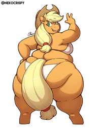Size: 893x1155 | Tagged: suggestive, artist:nekocrispy, derpibooru import, applejack, anthro, earth pony, unguligrade anthro, applebucking thighs, applebutt, applefat, bbw, bikini, butt, clothes, fat, female, hand on hip, image, large butt, obese, png, simple background, solo, solo female, ssbbw, swimsuit, thighs, thunder thighs, transparent background, white bikini, wide hips