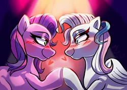 Size: 1754x1240 | Tagged: safe, artist:jully-park, derpibooru import, skywishes, star catcher, earth pony, pegasus, pony, g3, blushing, duo, duo female, female, floating heart, folded wings, heart, image, jpeg, lesbian, looking at each other, looking at someone, mare, ship:skycatcher, shipping, smiling, smiling at each other, wings