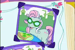 Size: 720x480 | Tagged: safe, derpibooru import, screencap, minty, earth pony, pony, a charming birthday, g3, cucumber, female, food, image, mare, open mouth, open smile, pizza, plate, png, ponyville surprise birthday book, scrapbook, smiling, solo, sunglasses, table