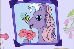 Size: 720x480 | Tagged: safe, derpibooru import, screencap, wysteria, bee, earth pony, insect, pony, a charming birthday, g3, birthday book, female, flower, image, insect on nose, mare, open mouth, open smile, png, ponyville surprise birthday book, scrapbook, smiling, solo