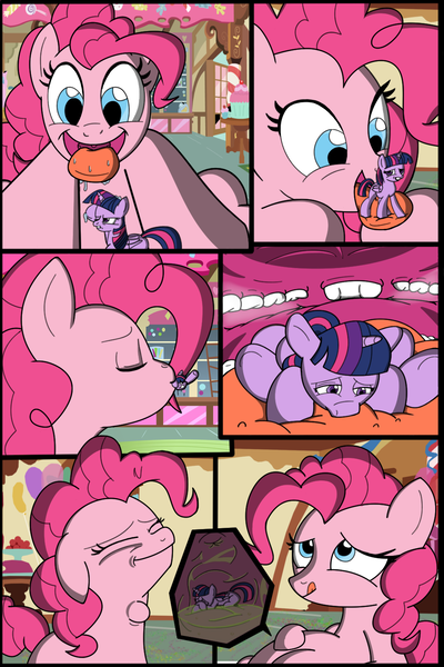 Size: 1000x1500 | Tagged: questionable, semi-grimdark, artist:kyudude, derpibooru import, pinkie pie, twilight sparkle, earth pony, pony, unicorn, comic, duo, eyes closed, female, horn, image, internal, mare, open mouth, open smile, oral vore, pinkie pred, png, preylight, smiling, stomach acid, tongue out, unwilling prey, unwilling vore, vore
