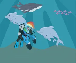 Size: 4535x3780 | Tagged: safe, derpibooru import, rainbow dash, dolphin, fish, pegasus, whale, air tank, animal, bubble, dive mask, drysuit, flippers (gear), goggles, hose, image, oxygen tank, png, sand, scuba diving, scuba gear, swimming, underwater, water