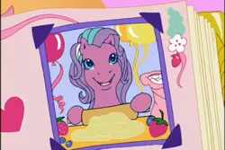 Size: 720x480 | Tagged: safe, derpibooru import, screencap, sweetberry, earth pony, pony, a charming birthday, g3, baking, balloon, birthday book, blueberry, dough, female, flour, flour sack, food, heart, hoof hold, image, mare, open mouth, open smile, png, ponyville surprise birthday book, rolling pin, scrapbook, smiling, solo, strawberry