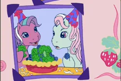 Size: 720x480 | Tagged: safe, derpibooru import, screencap, minty, sweetberry, earth pony, pony, a charming birthday, g3, birthday book, blueberry, blueberry broccoli pie, broccoli, brocolli and blueberry pie, duo, duo female, female, food, image, mare, oh minty minty minty, open mouth, open smile, pie, png, ponyville surprise birthday book, scrapbook, smiling