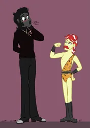 Size: 2805x3953 | Tagged: safe, artist:razzy, derpibooru import, flam, king sombra, human, equestria girls, clothes, costume, crack shipping, duo, duo male, equestria girls-ified, facial hair, flambra, g4, gay, heart, heart eyes, height difference, image, male, moustache, png, shipping, wingding eyes
