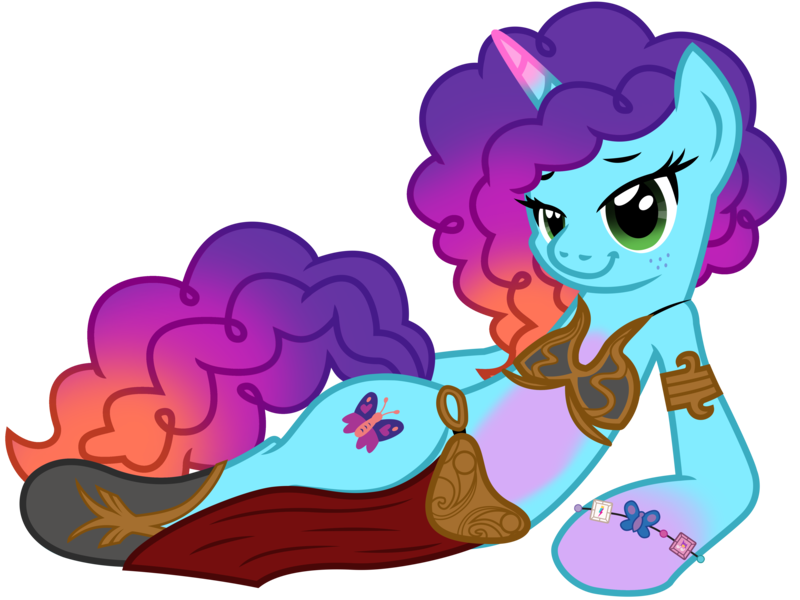 Size: 5014x3762 | Tagged: safe, alternate version, artist:ejlightning007arts, derpibooru import, edit, unicorn, g5, spoiler:g5, bikini, boots, bracelet, clothes, coat markings, cosplay, costume, freckles, g4, g5 to g4, generation leap, horn, image, jewelry, loincloth, lying down, misty brightdawn, png, pose, rebirth misty, sexy, shoes, simple background, slave leia outfit, socks (coat marking), solo, star wars, stupid sexy misty, swimsuit, transparent background, vector