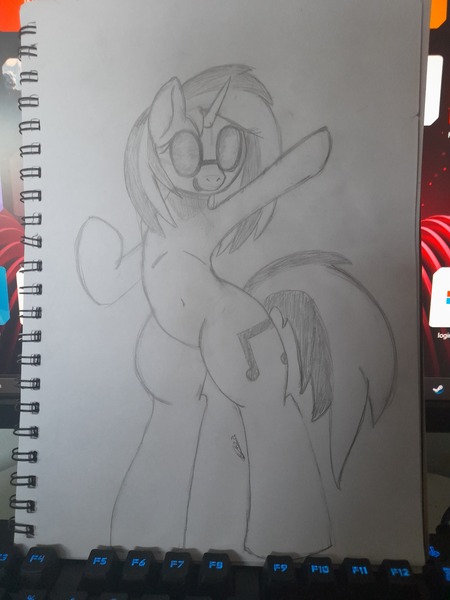 Size: 3000x4000 | Tagged: safe, artist:bazza, derpibooru import, vinyl scratch, pony, background pony, belly button, bipedal, black and white, cutie mark, grayscale, human shoulders, image, jpeg, monochrome, pencil drawing, ribcage, signature, simple background, simple shading, sketch, smiling, sunglasses, sunglasses on head, traditional art, vibing, vinyl's glasses