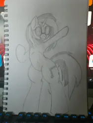 Size: 3000x4000 | Tagged: safe, artist:bazza, derpibooru import, vinyl scratch, pony, background pony, belly button, bipedal, black and white, cutie mark, grayscale, human shoulders, image, jpeg, monochrome, pencil drawing, ribcage, signature, simple background, simple shading, sketch, smiling, sunglasses, sunglasses on head, traditional art, vibing, vinyl's glasses