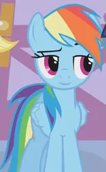 Size: 365x590 | Tagged: safe, derpibooru import, edit, edited screencap, editor:twilyisbestpone, screencap, applejack, rainbow dash, twilight sparkle, earth pony, pegasus, pony, unicorn, season 1, suited for success, cropped, eyebrows, female, g4, image, inverted mouth, lidded eyes, mare, offscreen character, png, raised eyebrow, smiling, solo focus