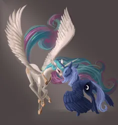 Size: 917x970 | Tagged: safe, artist:jaeneth, derpibooru import, princess celestia, princess luna, alicorn, pony, duo, ethereal mane, ethereal tail, female, flying, g4, horn, horns are touching, image, jpeg, looking at each other, looking at someone, mare, royal sisters, s1 luna, siblings, sisters, smiling, spread wings, tail, wings, wings down