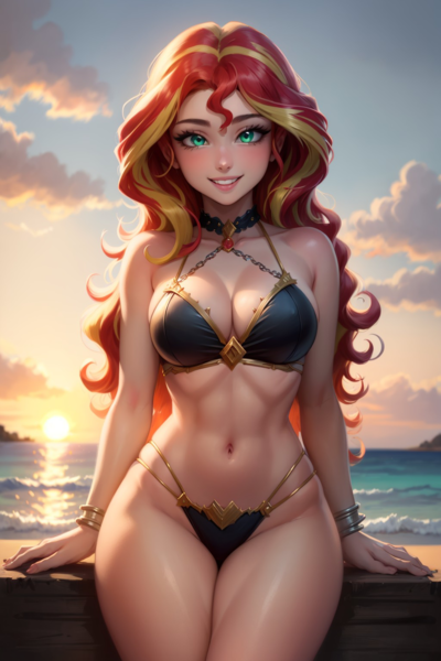 Size: 1024x1536 | Tagged: suggestive, ai content, derpibooru import, editor:sammykun, machine learning generated, sunset shimmer, human, beach, belly button, bikini, bracelet, breasts, busty sunset shimmer, chains, choker, cleavage, clothes, cloud, cloudy, female, g4, gem, generator:yodayo, gold, humanized, image, jewelry, long hair, looking at you, midriff, ocean, png, prompter:sammykun, reasonably sized breasts, sitting, smiling, stupid sexy sunset shimmer, sunset, swimsuit, teeth, water, wave, wide hips