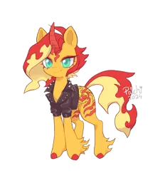 Size: 1473x1585 | Tagged: safe, artist:paichitaron, derpibooru import, sunset shimmer, pony, unicorn, alternate design, clothes, colored horn, colored pupils, curved horn, female, fetlock tuft, g4, horn, image, jacket, leather, leather jacket, mare, png, signature, simple background, smiling, solo, transparent background