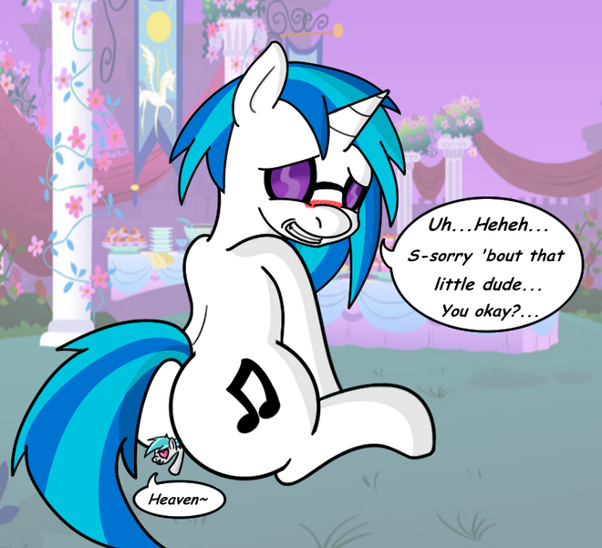 Size: 755x686 | Tagged: suggestive, artist:kyudude, derpibooru import, vinyl scratch, oc, pony, unicorn, blushing, butt, butt crush, canon x oc, dialogue, embarrassed, female, heart, heart eyes, horn, image, looking down, macro/micro, male, mare, micro, plot, png, sitting, speech bubble, stallion, straight, vinyl's glasses, wingding eyes