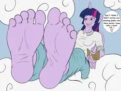 Size: 4000x3000 | Tagged: suggestive, artist:kyudude, derpibooru import, twilight sparkle, twilight sparkle (alicorn), alicorn, anthro, plantigrade anthro, book, clothes, cloud, dialogue, feet, female, fetish, foot fetish, foot focus, heart, image, open mouth, open smile, pants, png, shirt, sitting, smiling, solo, solo female, speech bubble