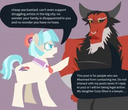 Size: 1090x940 | Tagged: safe, artist:startrixfan, derpibooru import, coco pommel, lord tirek, centaur, earth pony, pony, taur, angry, beard, bracer, context in description, dialogue, duo, facial hair, female, g4, hand on hip, horns, image, jpeg, male, mare, meme, nose piercing, nose ring, piercing, simple background, speech bubble