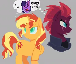 Size: 1000x830 | Tagged: safe, artist:startrixfan, derpibooru import, sunset shimmer, tempest shadow, twilight sparkle, alicorn, pony, unicorn, broken horn, clothes, eye scar, facial scar, female, g4, gray background, horn, image, jpeg, mare, scar, simple background, thought bubble