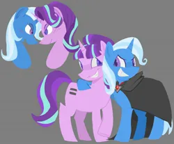 Size: 2048x1699 | Tagged: safe, artist:startrixfan, derpibooru import, starlight glimmer, trixie, pony, unicorn, alicorn amulet, blushing, cape, clothes, duo, female, g4, gray background, grin, heart, heart eyes, horn, image, jpeg, lesbian, looking at each other, looking at someone, mare, s5 starlight, shipping, simple background, smiling, startrix, wingding eyes