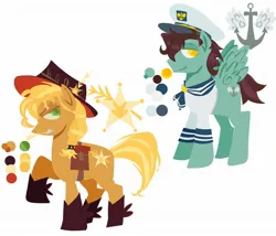 Size: 2048x1752 | Tagged: safe, artist:startrixfan, derpibooru import, oc, unofficial characters only, earth pony, pegasus, pony, boots, cap, clothes, cowboy boots, duo, female, freckles, hat, image, jpeg, male, mare, reference sheet, sailor uniform, shoes, simple background, stallion, straw in mouth, uniform, white background