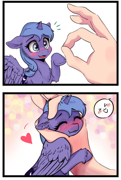 Size: 1033x1537 | Tagged: safe, artist:polnocnykot, derpibooru import, princess luna, alicorn, pony, :p, adorable face, blushing, chest fluff, comic, cute, ear fluff, eyes closed, feathered wings, female, filly, filly luna, floppy ears, fluffy, foal, folded wings, g4, hand, heart, horn, hug, image, jpeg, looking up, lunabetes, missing accessory, open mouth, raised hoof, redraw, smiling, smol, spread wings, tongue out, unshorn fetlocks, wings, woona, younger