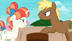 Size: 1920x1080 | Tagged: safe, derpibooru import, screencap, coco crusoe, rainbow stars, earth pony, pony, unicorn, triple threat, animated, bipedal, bipedal leaning, bow, female, g4, gif, horn, image, leaning, loop, male, mare, out of context, outdoors, stallion, stool, table, tail, tail bow, thrusting