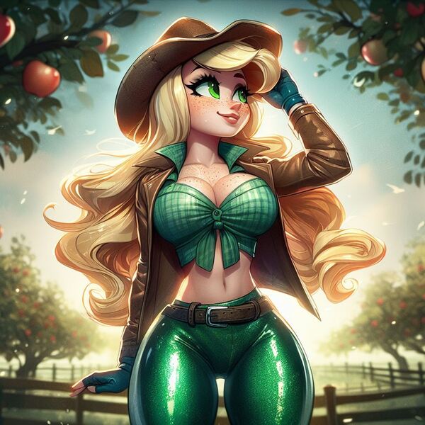Size: 1024x1024 | Tagged: suggestive, ai content, derpibooru import, machine learning generated, prompter:glimmy-glam, applejack, human, apple, apple tree, belly button, belt, big breasts, breasts, busty applejack, cleavage, clothes, curvy, fence, fingerless gloves, food, freckles, front knot midriff, g4, generator:dall-e 3, gloves, hat, hourglass figure, humanized, image, jacket, jpeg, leggings, looking up, midriff, plaid shirt, shiny, shirt, smiling, solo, thick, thigh gap, tree, wavy hair