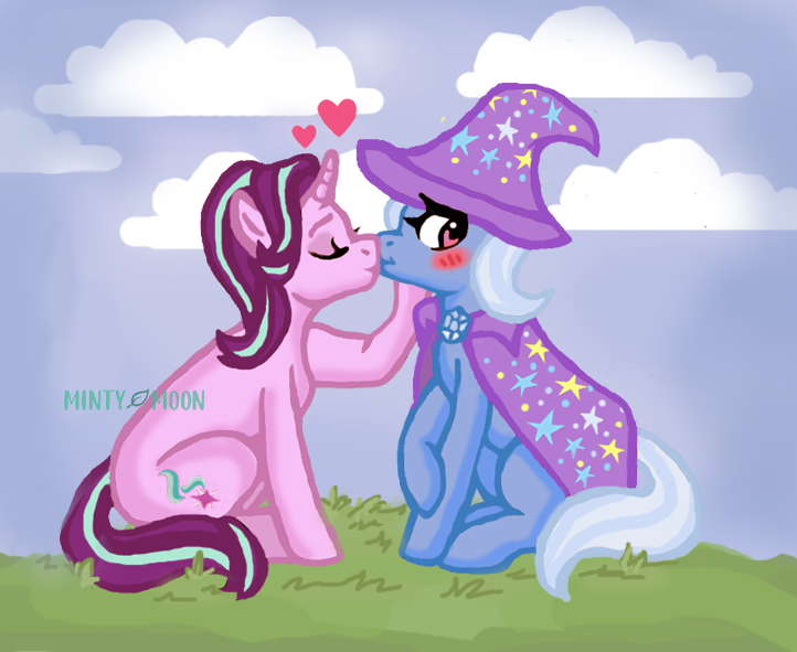Size: 722x591 | Tagged: safe, artist:mintym00n, derpibooru import, starlight glimmer, trixie, 2023, blushing, duo, female, grass, heart, image, kissing, lesbian, png, shipping, signature, sitting, startrix