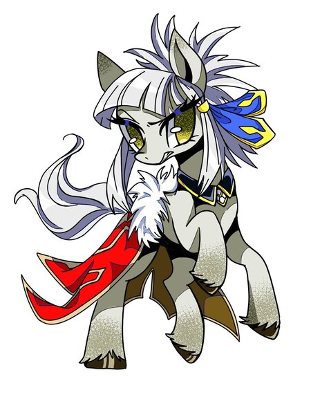 Size: 1200x1600 | Tagged: safe, artist:stacy_165cut, derpibooru import, ponified, earth pony, pony, big eyes, cape, clothes, coat markings, colored eartips, colored hooves, colored pinnae, eye clipping through hair, eyelashes, fate/grand order, female, frown, hair ribbon, headpiece, image, jpeg, lidded eyes, mare, narrowed eyes, no pupils, penthesilea (fate/grand order), ponytail, rearing, ribbon, shiny hooves, shiny mane, shiny tail, simple background, socks (coat marking), solo, spiky mane, standing, tail, teeth, tied mane, unshorn fetlocks, white background, white coat, white mane, white tail, wingding eyes, yellow eyes