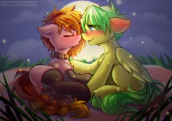 Size: 4961x3508 | Tagged: safe, artist:chaosangeldesu, derpibooru import, oc, unofficial characters only, earth pony, pegasus, pony, blushing, commission, cute, date, female, image, jpeg, male, mare, night, romantic, stallion