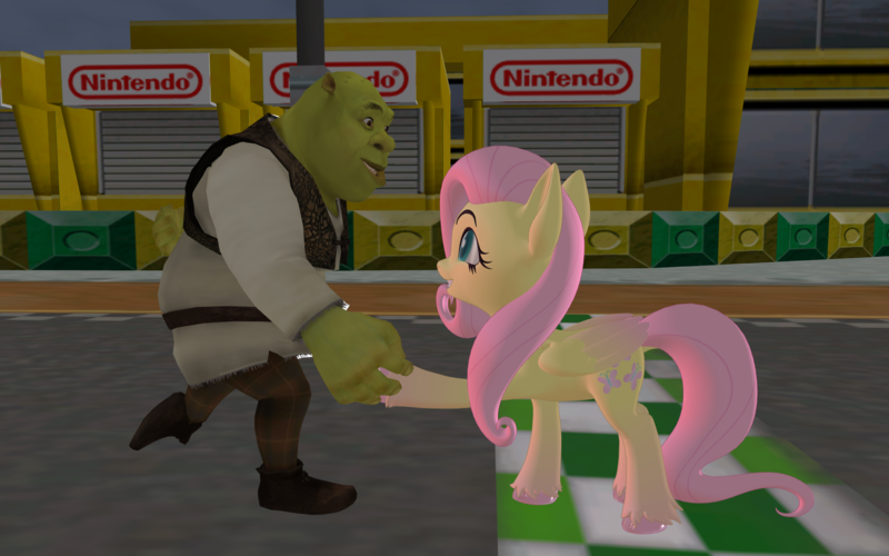 Size: 1920x1200 | Tagged: safe, artist:puzzlshield2, derpibooru import, fluttershy, ogre, pegasus, pony, 3d, crossover, dreamworks, hoofshake, image, mario kart, mmd, png, shrek, shrek (character), super mario bros.