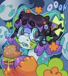 Size: 1839x2048 | Tagged: safe, artist:ibbledribble, derpibooru import, oc, oc:mystery clue, unofficial characters only, earth pony, ghost, pony, undead, abstract background, beanbrows, big ears, big eyes, blaze (coat marking), bobcut, burger, bust, cheeseburger, chewing, coat markings, colored eyebrows, colored hooves, colored mouth, colored muzzle, colored pinnae, commission, crying, earth pony oc, eating, emanata, eye clipping through hair, eyebrows, eyebrows visible through hair, eyelashes, facial markings, food, freckles, glasses, gradient eyes, hair accessory, hairclip, hamburger, headshot commission, hoof hold, image, jpeg, mealy mouth (coat marking), multicolored coat, onomatopoeia, open mouth, outline, portrait, round glasses, scared, shiny hooves, shiny mane, short hair, short mane, sweat, sweatdrop, sweatdrops, teeth, text, two toned eyes, two toned mane, unshorn fetlocks, wall of tags, wingding eyes