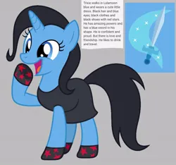 Size: 640x600 | Tagged: safe, artist:fizzled_kitty, derpibooru import, edit, trixie, pony, unicorn, alternate cutie mark, alternate hair color, black dress, black hair, clothes, cutie mark, dress, female, g4, google translate, gray background, horn, image, jpeg, recolor, shoes, simple background, solo, sword, weapon