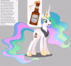 Size: 640x600 | Tagged: safe, artist:fizzled_kitty, derpibooru import, edit, princess celestia, alicorn, pony, alcohol, alternate cutie mark, alternate eye color, asahi, beer, crown, cutie mark, ethereal mane, ethereal tail, female, g4, gauntlet, google translate, gray background, image, implied princess luna, jewelry, jpeg, multicolored eyes, recolor, regalia, simple background, solo, tail