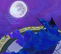 Size: 1700x1500 | Tagged: safe, artist:abbytabbys, derpibooru import, princess luna, alicorn, pony, alternate universe, balcony, banishment, blue coat, blue eyes, blue mane, blue tail, blue text, canterlot castle, castle, cloud, colored eyebrows, crown, crying, ethereal mane, ethereal tail, eyebrows, eyebrows visible through hair, eyelashes, female, folded wings, full moon, g4, horn, image, implied princess celestia, jewelry, jpeg, large wings, long horn, long mane, looking at something, looking up, mare, mare in the moon, moon, night, outdoors, regalia, role reversal, sky, sky background, starry mane, starry tail, stars, tail, teal eyes, text, tiara, unicorn horn, wavy mane, wavy tail, wings