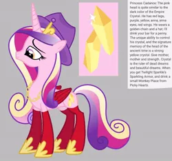 Size: 640x600 | Tagged: safe, artist:fizzled_kitty, derpibooru import, edit, princess cadance, alicorn, pony, alternate color palette, alternate cutie mark, chains, coat markings, crown, cutie mark, female, g4, gauntlet, gold chains, google translate, gray background, hat, image, implied flurry heart, implied shining armor, jewelry, jpeg, multicolored eyes, recolor, red wings, regalia, simple background, solo, wings