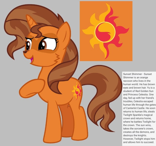 Size: 640x600 | Tagged: safe, artist:fizzled_kitty, derpibooru import, edit, sunset shimmer, hybrid, pony, raccoon, raccoon pony, unicorn, alternate color palette, brown eyes, brown hair, cutie mark, g4, google translate, gray background, horn, image, implied princess celestia, implied twilight sparkle, jpeg, orange fur, recolor, simple background, solo, species swap