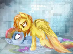 Size: 2160x1620 | Tagged: safe, artist:raincrash, derpibooru import, rainbow dash, spitfire, pegasus, pony, bathing together, blushing, chest fluff, duo, duo female, female, g4, image, lesbian, looking at each other, looking at someone, mare, png, romantic, ship:spitdash, shipping, shower, wet, wet mane