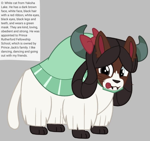 Size: 640x600 | Tagged: safe, artist:fizzled_kitty, derpibooru import, edit, yona, cat, hybrid, yak, alternate color palette, black hair, face mask, female, g4, google translate, gray background, heterochromia, horns, image, implied school of friendship, jpeg, mask, monkey swings, recolor, ribbon, simple background, solo, species swap, white fur