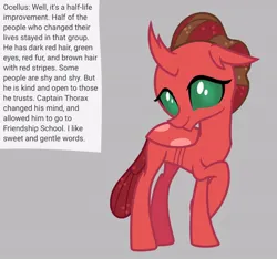 Size: 640x600 | Tagged: safe, artist:fizzled_kitty, derpibooru import, edit, ocellus, changedling, changeling, alternate color palette, brown hair, female, g4, google translate, gray background, green eyes, image, implied school of friendship, implied thorax, jpeg, recolor, red body, red hair, simple background, solo