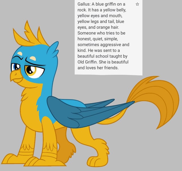 Size: 640x600 | Tagged: safe, artist:fizzled_kitty, derpibooru import, edit, gallus, gryphon, alternate color palette, g4, google translate, gray background, heterochromia, image, implied grampa gruff, implied school of friendship, jpeg, male, recolor, simple background, solo, tail, yellow tail
