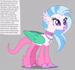 Size: 640x600 | Tagged: safe, artist:fizzled_kitty, derpibooru import, edit, silverstream, classical hippogriff, hippogriff, hybrid, lizard, alternate color palette, collar, female, g4, google translate, gray background, green wings, image, implied queen novo, implied school of friendship, jewelry, jpeg, necklace, pink tail, recolor, simple background, slit pupils, solo, species swap, tail, wings