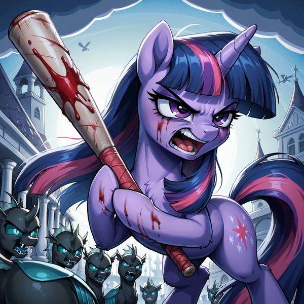 Size: 1536x1536 | Tagged: semi-grimdark, ai content, derpibooru import, generator:bluefox mix, machine learning generated, stable diffusion, twilight sparkle, changeling, pony, unicorn, fanfic:hard reset, angry, arm fluff, backlighting, bared teeth, baseball bat, blood, building, butt, canterlot, changeling army, chest fluff, cloud, eyebrows down, fanfic art, fangs, female, fighting stance, g4, holding, horn, image, leg fluff, low angle, mare, messy mane, open mouth, outdoors, plot, png, prompter:tyto4tme4l, rearing, scowl, sky, sternocleidomastoid, surrounded, unicorn twilight, weapon