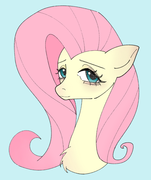 Size: 1224x1461 | Tagged: safe, artist:xinjinjumin914254263013, derpibooru import, fluttershy, pegasus, pony, bust, chest fluff, female, image, light blue background, mare, png, portrait, simple background, smiling, solo