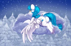 Size: 4568x2935 | Tagged: safe, artist:ijustmari, derpibooru import, oc, oc:snowy haze, unofficial characters only, pegasus, pony, butt, cloud, female, high res, image, lying down, lying on a cloud, mare, on a cloud, outdoors, pegasus oc, plot, png, prone, signature, smiling, snow, snowfall, solo, spread wings, tail, tree, underhoof, wings, winter