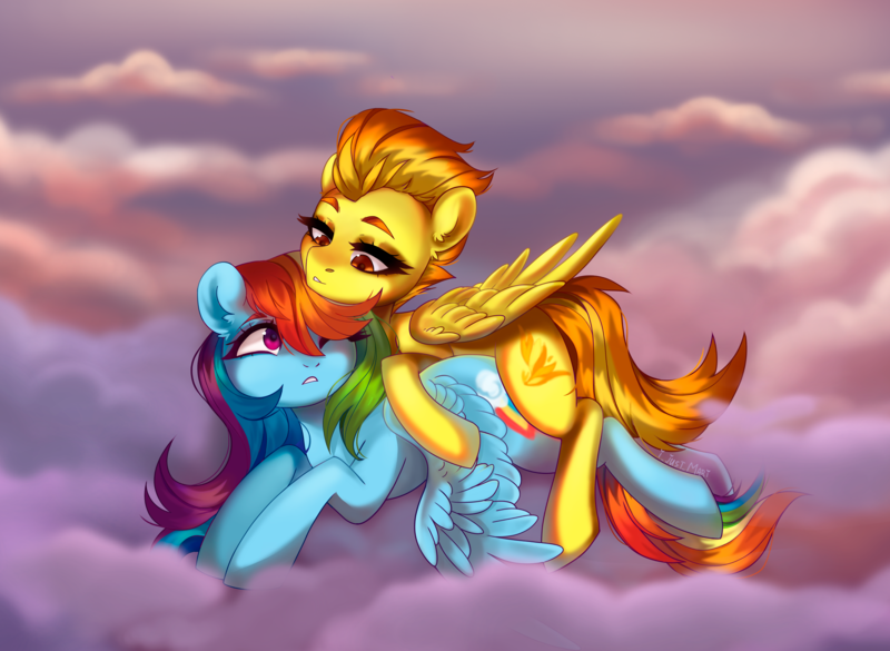 Size: 3235x2367 | Tagged: safe, artist:ijustmari, artist:mari29511905, derpibooru import, rainbow dash, spitfire, pegasus, pony, cloud, cuddling, duo, duo female, ear fluff, female, g4, heart, heart eyes, high res, image, lesbian, lying down, lying on a cloud, mare, on a cloud, one eye closed, outdoors, png, ship:spitdash, shipping, signature, spitdash, wingding eyes, wings