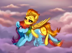 Size: 3235x2367 | Tagged: safe, artist:ijustmari, derpibooru import, rainbow dash, spitfire, pegasus, pony, cloud, cuddling, duo, duo female, ear fluff, female, g4, heart, heart eyes, high res, image, lesbian, lying down, lying on a cloud, mare, on a cloud, one eye closed, outdoors, png, ship:spitdash, shipping, signature, wingding eyes, wings
